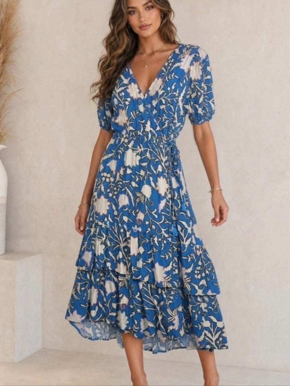 Knox Rose Short Sleeve Floral Wrap Midi Dress Tiered Ruffle Hem New With Tags